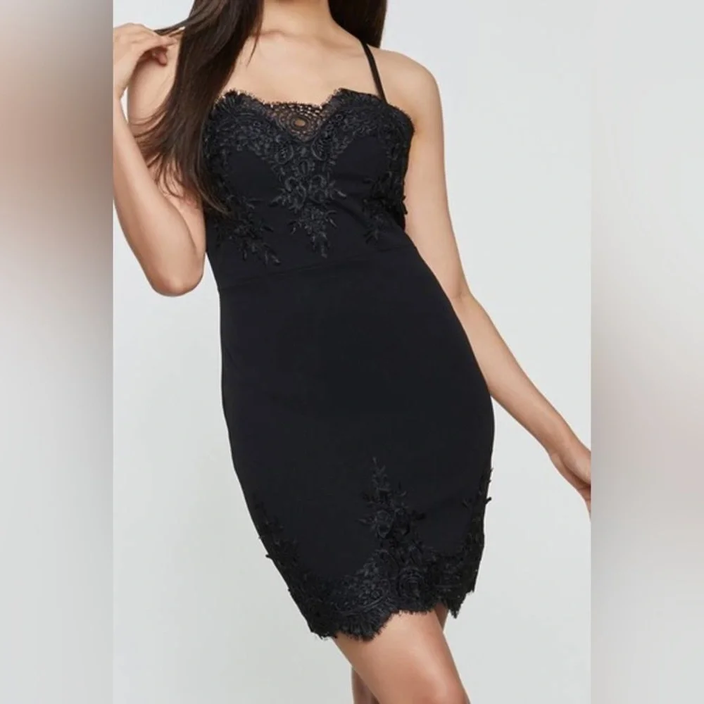 Haute Monde Black Bodycon Cocktail Dress with Crochet Trim